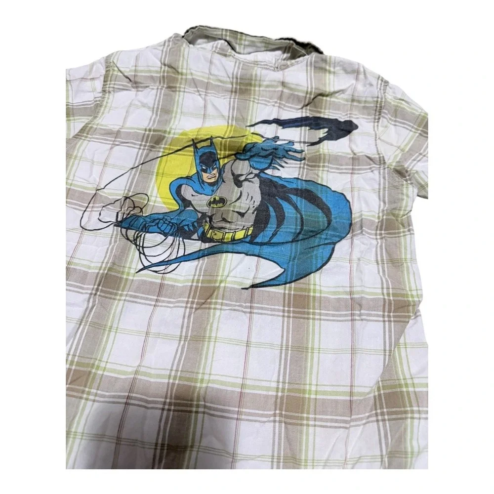DC Comics Batman Shirt Kids Size 6 Plaid Button Down‎ Short Sleeve Beige Green